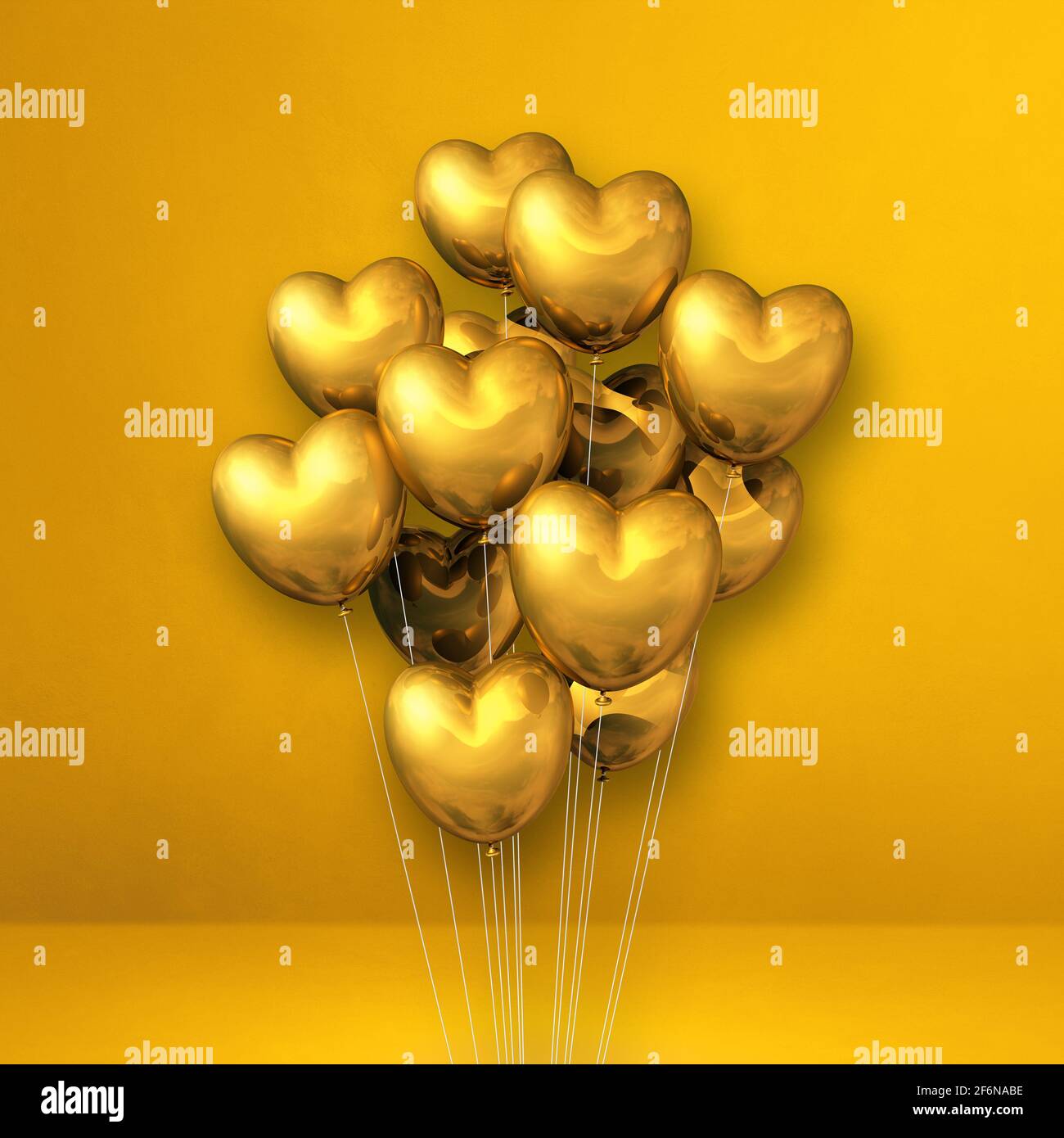 Gold heart shape balloons bunch on a yellow wall background. 3D ...