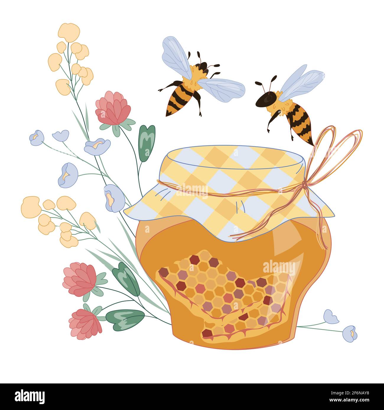 Honey with flying above it bees and flowers, flat vector illustration ...