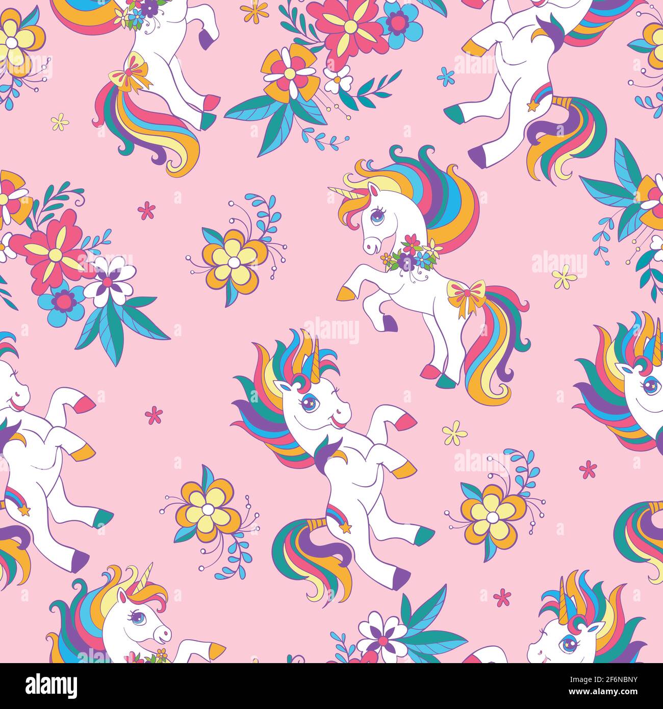 Seamless pattern with beauty unicorns and flowers on pink background ...