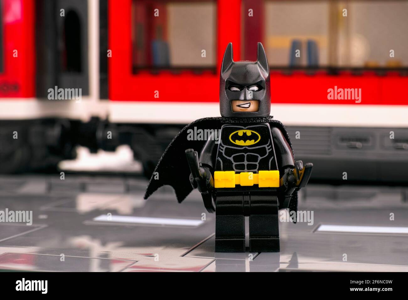 Tambov Russian Federation March 03 2021 Lego Batman standing on the platform in front of a red train Stock Photo Alamy