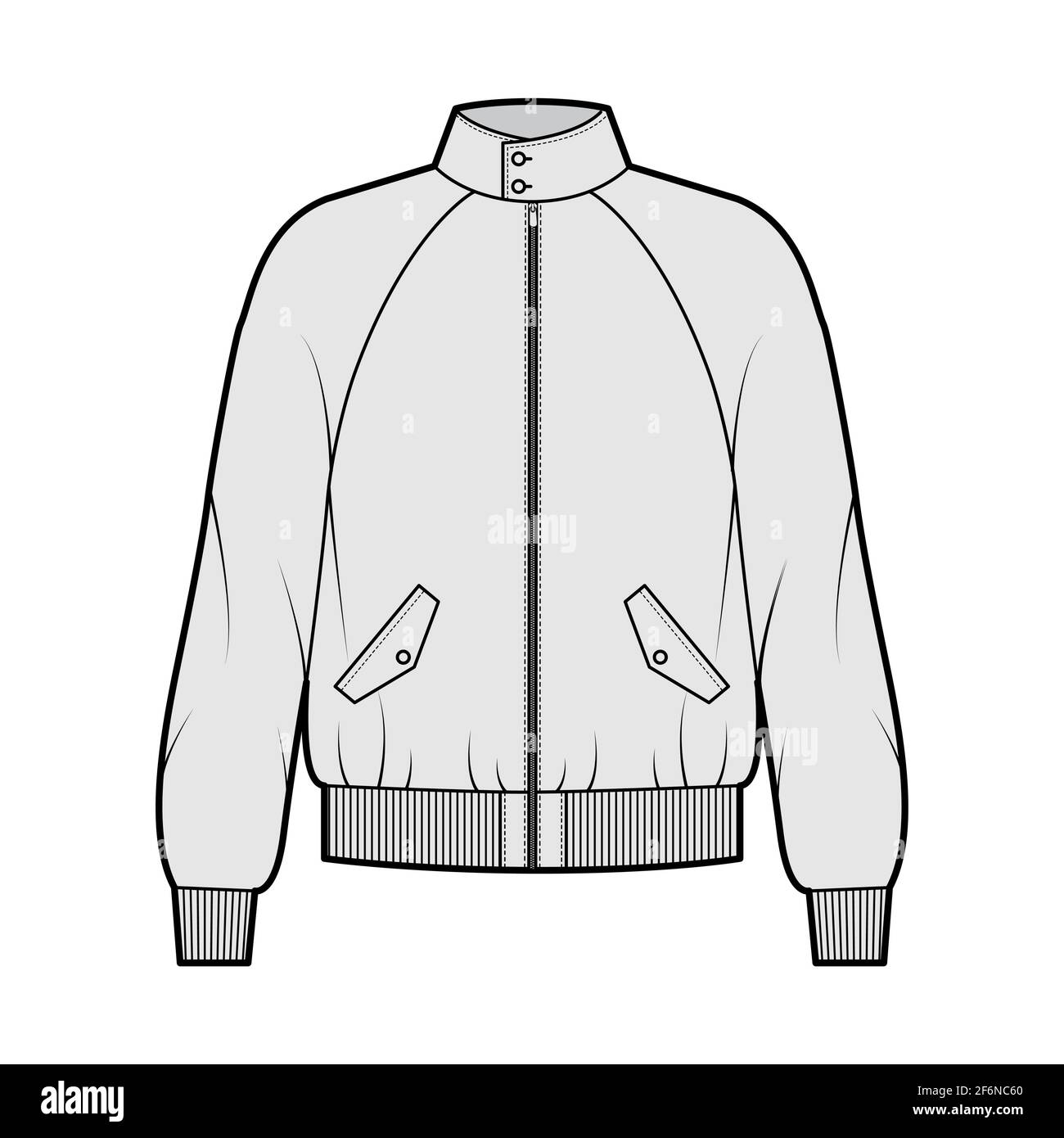 Zip-up Harrington Bomber jacket technical fashion illustration with Rib cuffs, waistband, oversized, long raglan sleeves, flap pockets. Flat coat template front grey color. Women men unisex CAD mockup Stock Vector