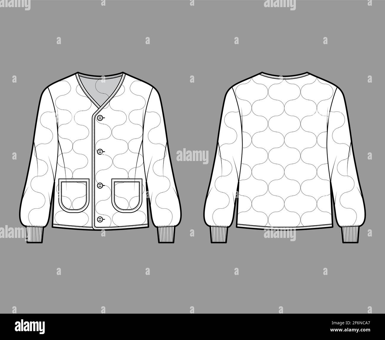 ALS 92 field jacket liner technical fashion illustration with oversized, long sleeves, pockets, Onion quilted shell. Flat coat template front, back white color style. Women men unisex top CAD mockup Stock Vector