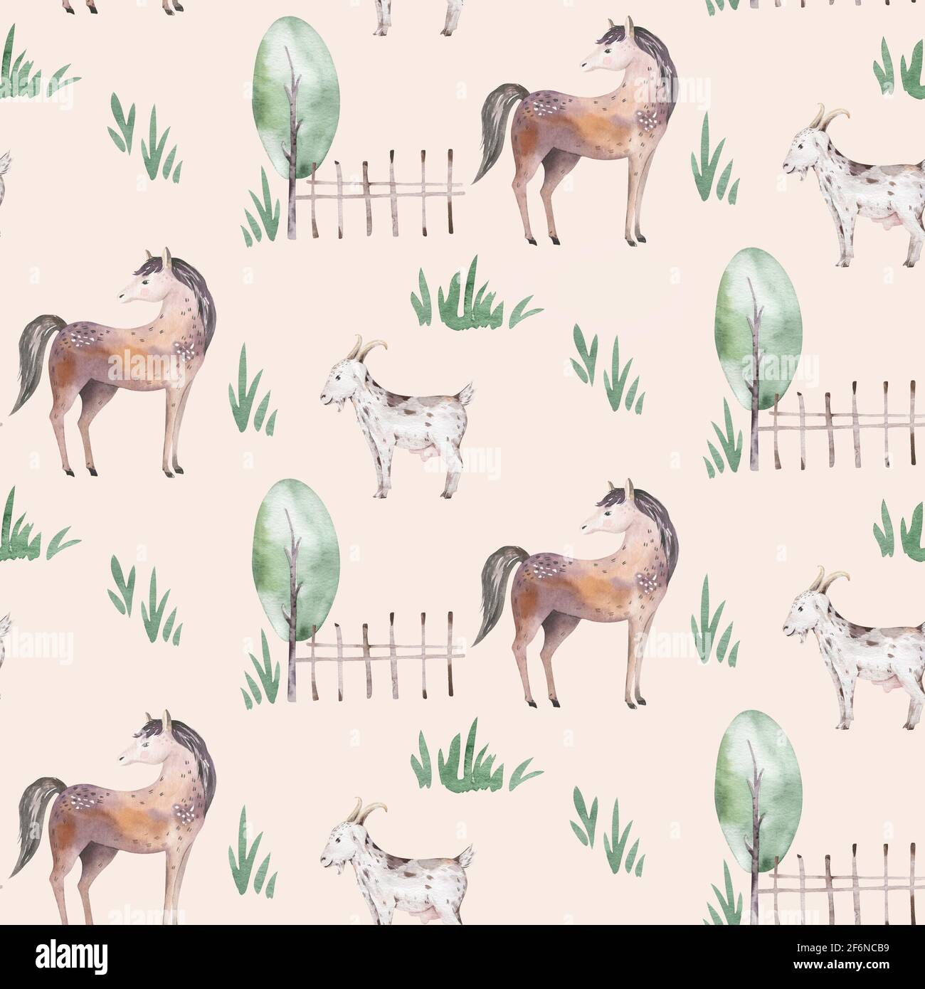 watercolor seamless pattern with cute farm animals with goat, horse ...