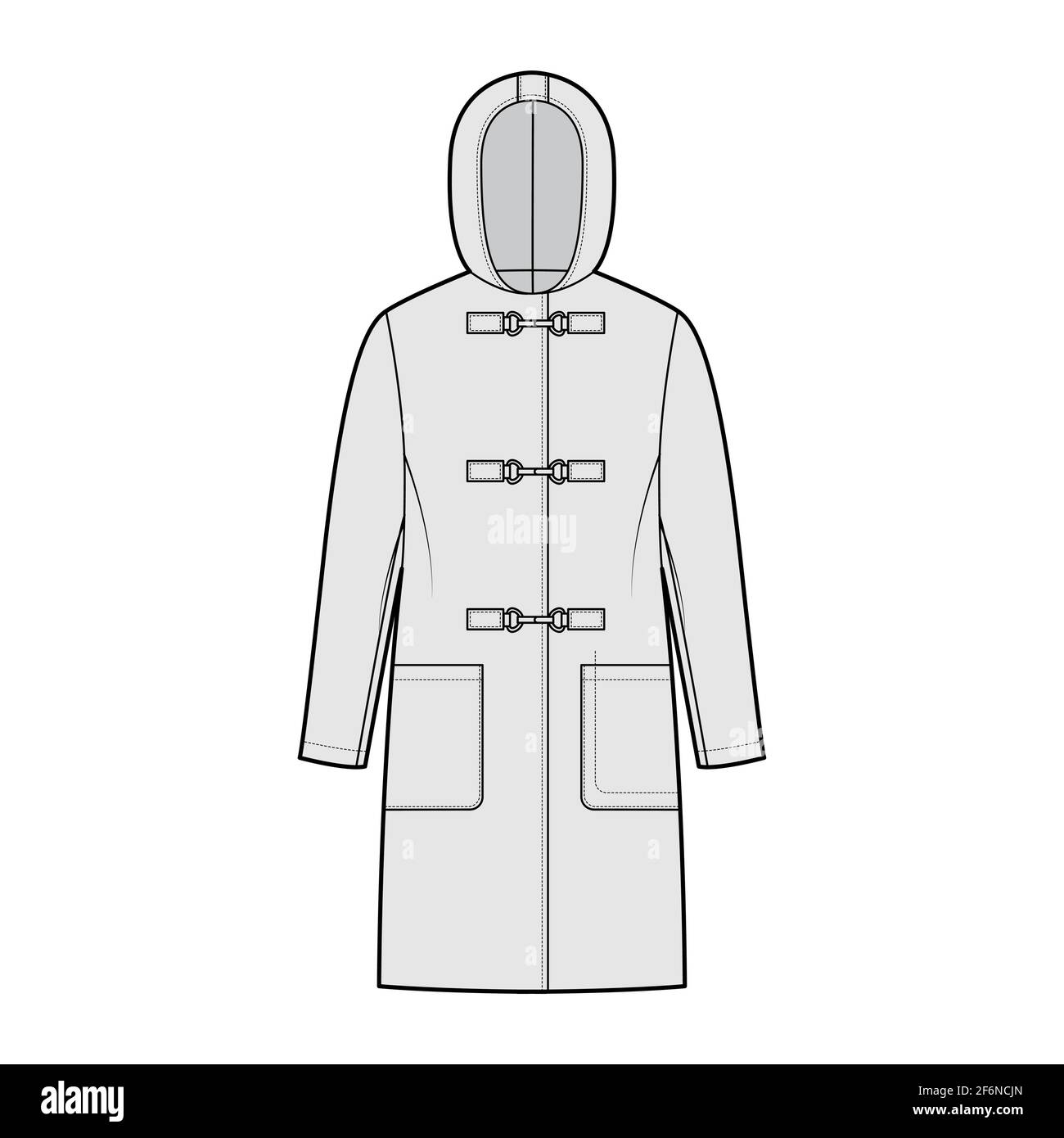 Clasp coat technical fashion illustration with long sleeves, hood, oversized body, patch pockets, knee length. Flat jacket template front, grey color style. Women, men, unisex top CAD mockup Stock Vector