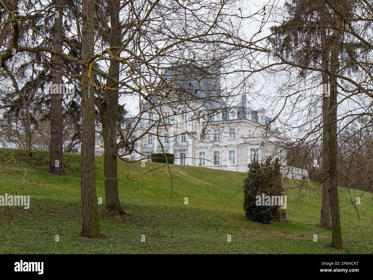 Palace and park in Zakrzewo, Wielkopolska province. Winter landscape, early spring. Stock Photo
