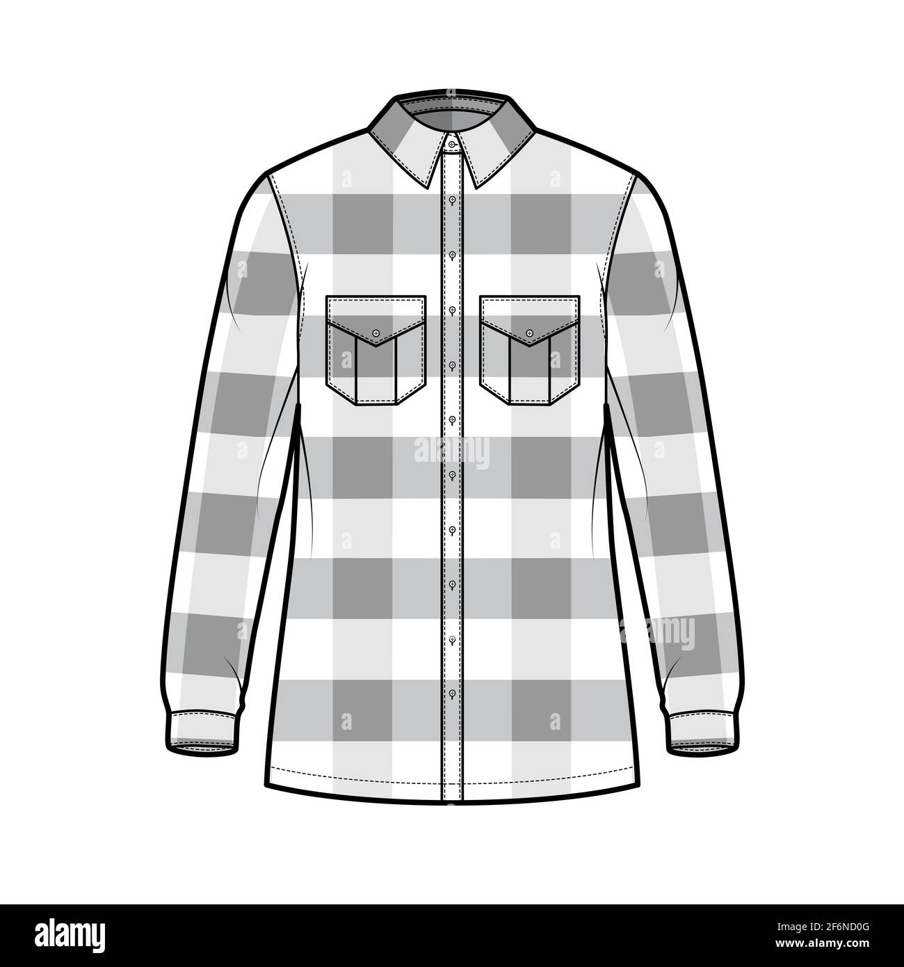 Lumber jacket technical fashion illustration with Buffalo Check motif, oversized body, button closure, classic collar, long sleeves. Flat apparel front, white color style. Women, men unisex CAD mockup Stock Vector