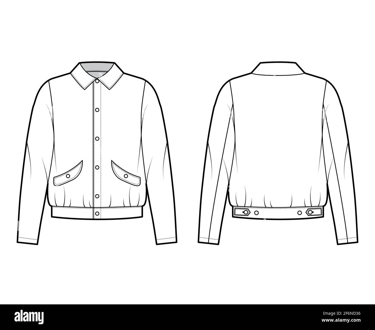 Blouson jacket technical fashion illustration with classic collar, oversized, long sleeves, flap pockets, snap fastening. Flat coat template front, back white color. Women men unisex top CAD mockup Stock Vector