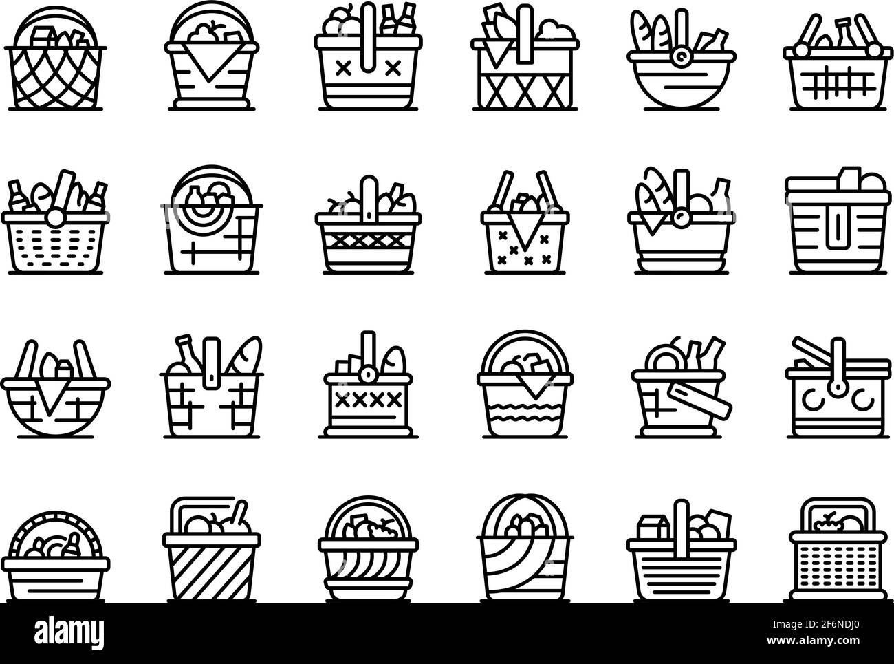 Picnic basket icons set. Outline set of picnic basket vector icons for ...