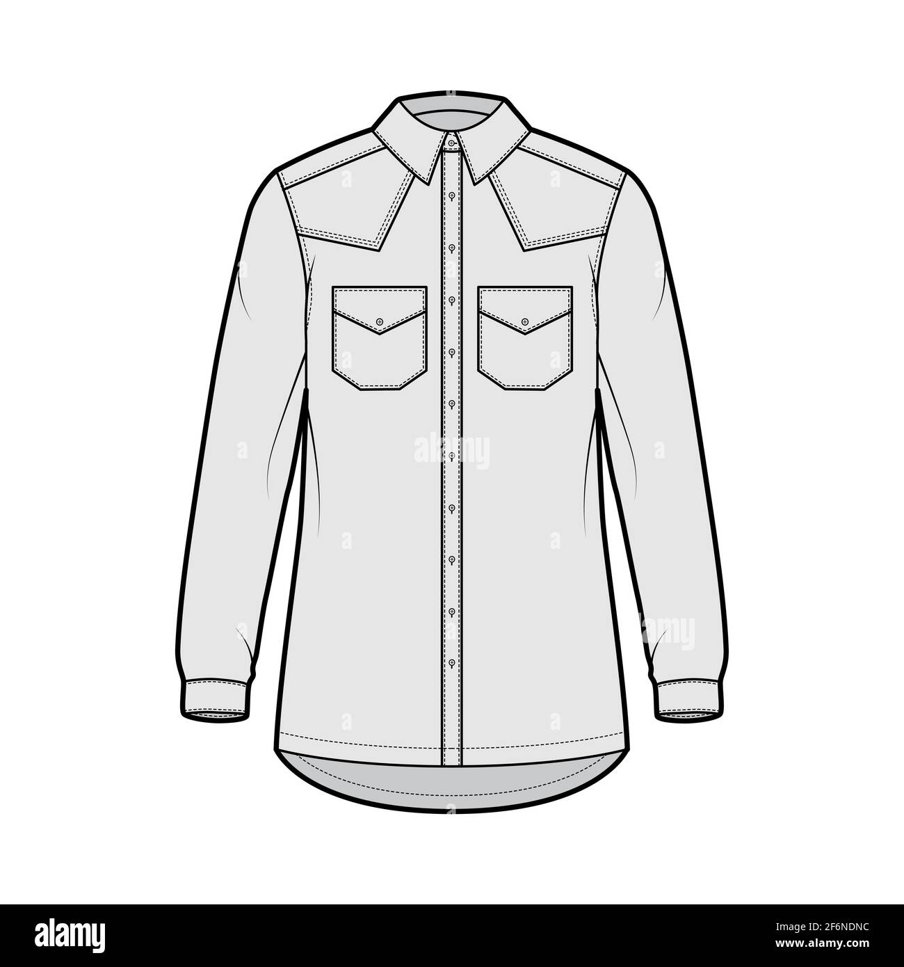 Denim shirt jacket technical fashion illustration with oversized body, flap pockets, button closure, classic collar, long sleeves. Flat apparel front, grey color style. Women, men unisex CAD mockup Stock Vector