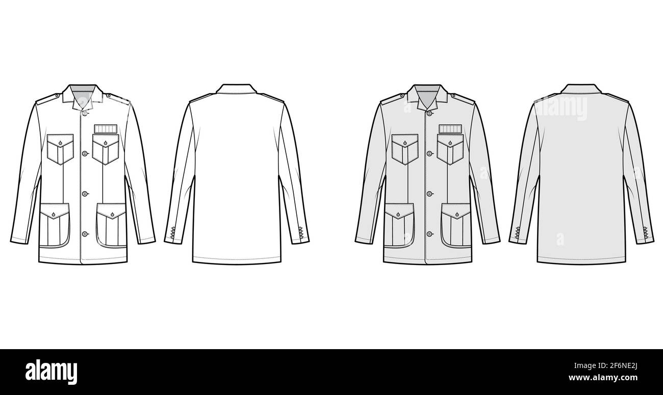 Safari jacket technical fashion illustration with oversized, open collar, long sleeve, flap pockets, button fastening. Flat coat template front, back white, grey color. Women men unisex top CAD mockup Stock Vector