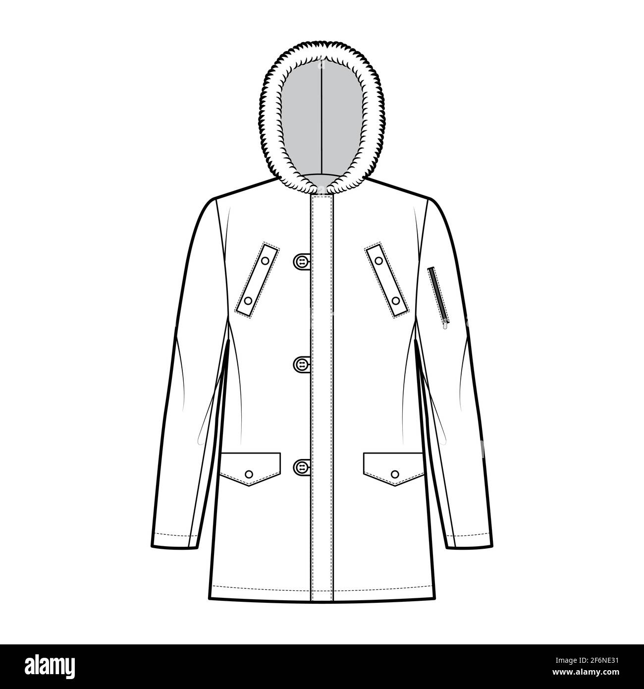 N-3B flight parka technical fashion illustration with oversized, fur hood, long sleeves, flap pockets, button loop opening. Flat coat template front white color style. Women men unisex top CAD mockup Stock Vector