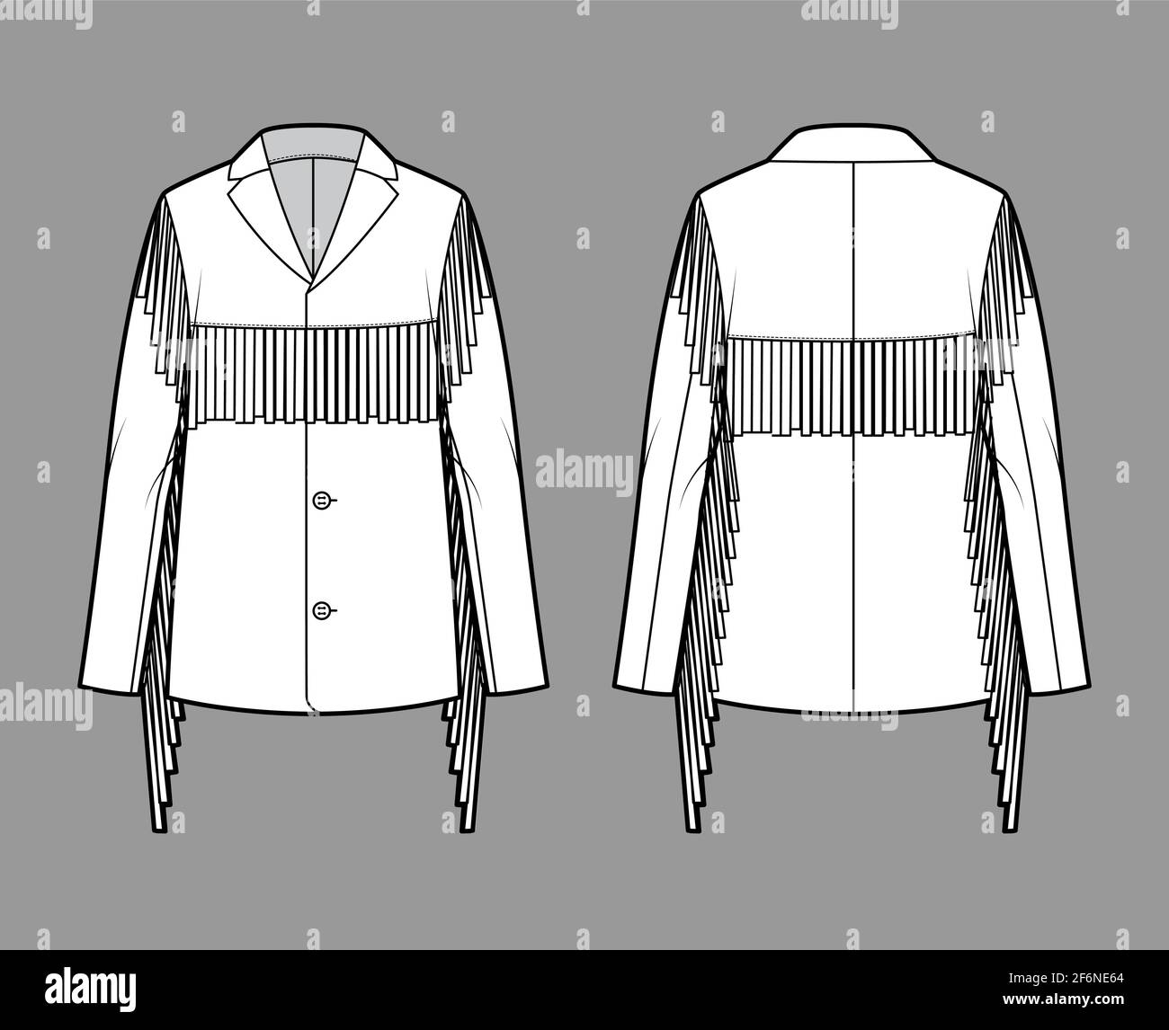 Western jacket technical fashion illustration with fringe, oversized