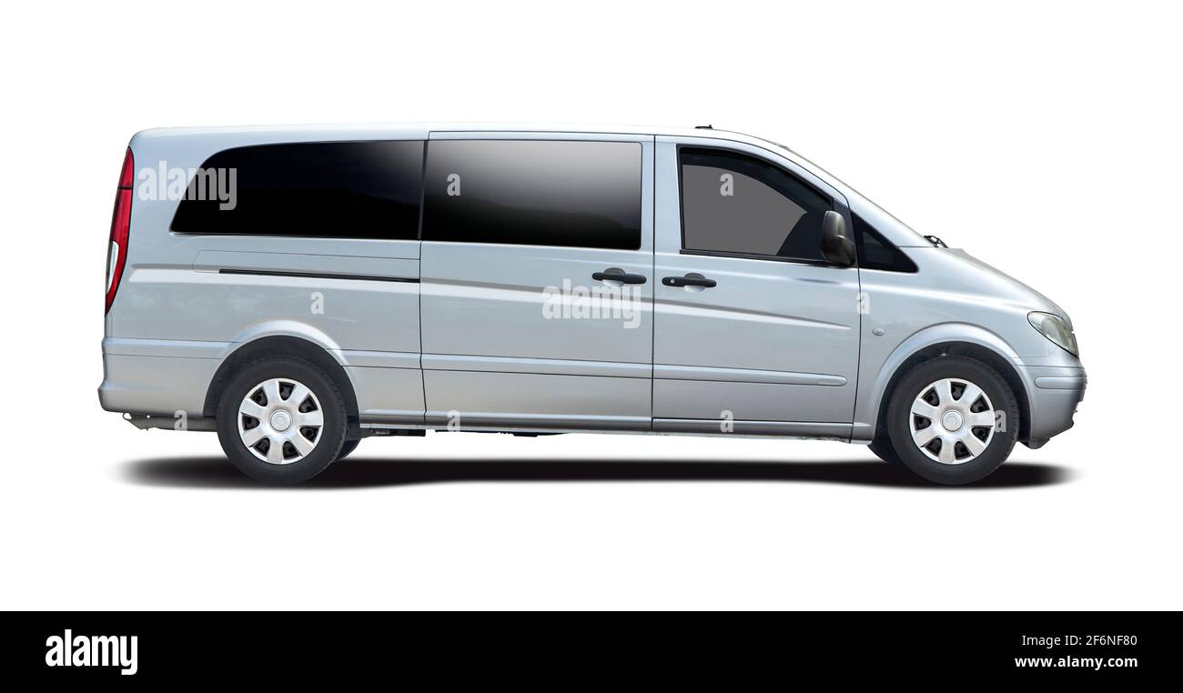 Silver mini bus side view isolated on white background Stock Photo
