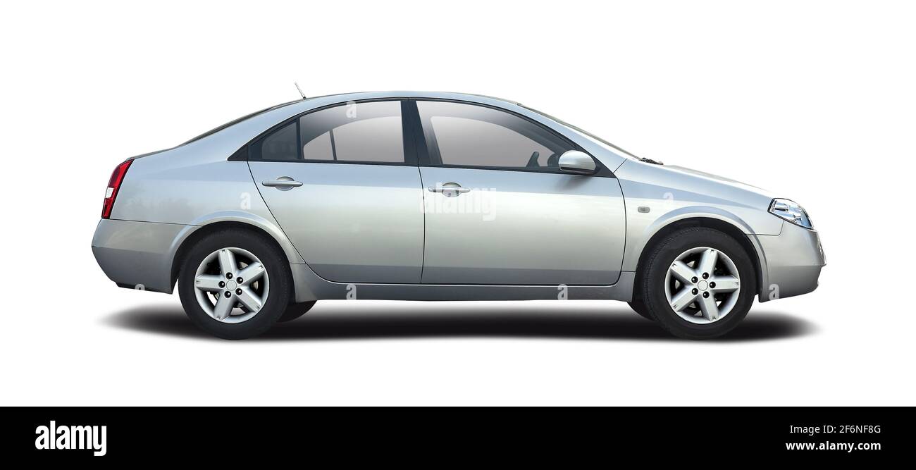 Silver sedan car side view isolated on white background Stock Photo