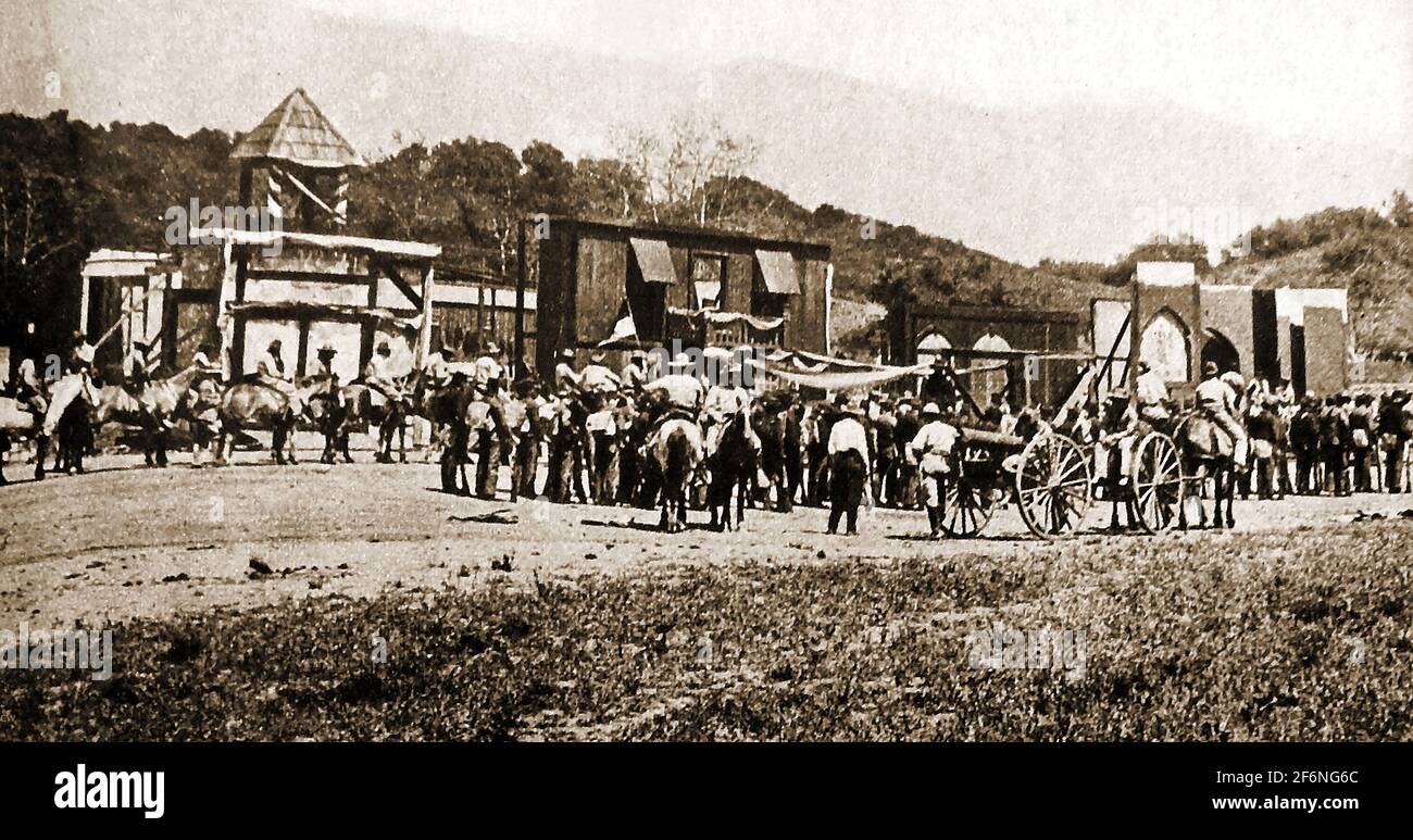 1914 - A moment in the early USA movie industry, This old Amercan photo shows the original Universal Studios, 'Universal City' , USA,only two years after it began. It was  then used as a film lot for filming westerns. It is still in existence as Universal Pictures and  is the oldest surviving film studio in the United States.  It was founded in 1912 by Carl Laemmle, Mark Dintenfass, Charles O. Baumann, Adam Kessel, Pat Powers, William Swanson, David Horsley, Robert H. Cochrane, and Jules Brulatour. Stock Photo