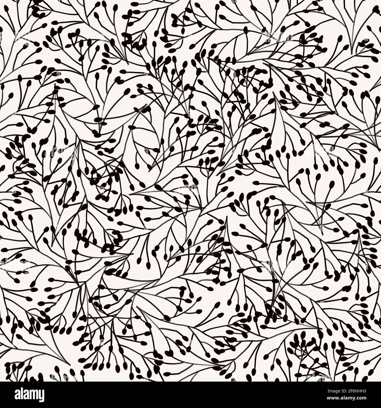 Black and White seamless pattern nature plants ornament, leaves grass branches. Repeating background delicate dense elegant monochrome nature backdrop Stock Photo