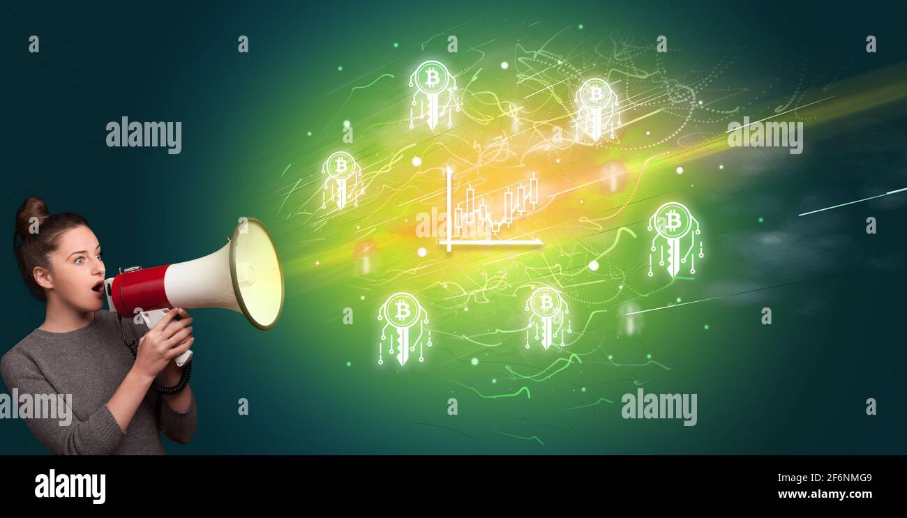 Young person with megaphone and currency icon Stock Photo