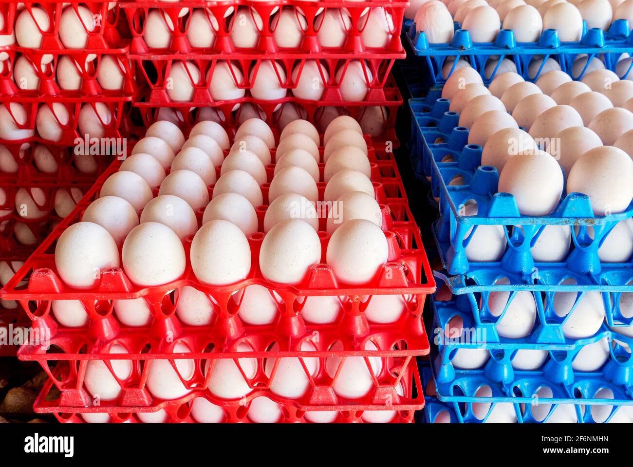 Close-up of colorful red and blue plastic trays filled with white chicken eggs, for sale at a market stall in the Philippines, Asia Stock Photo