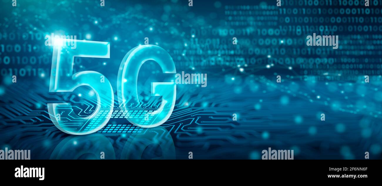 5G network internet mobile wireless. 5G Technology Network Digital Hologram on computer circuit. Wireless Network Communication Concept. 3D Render. Stock Photo