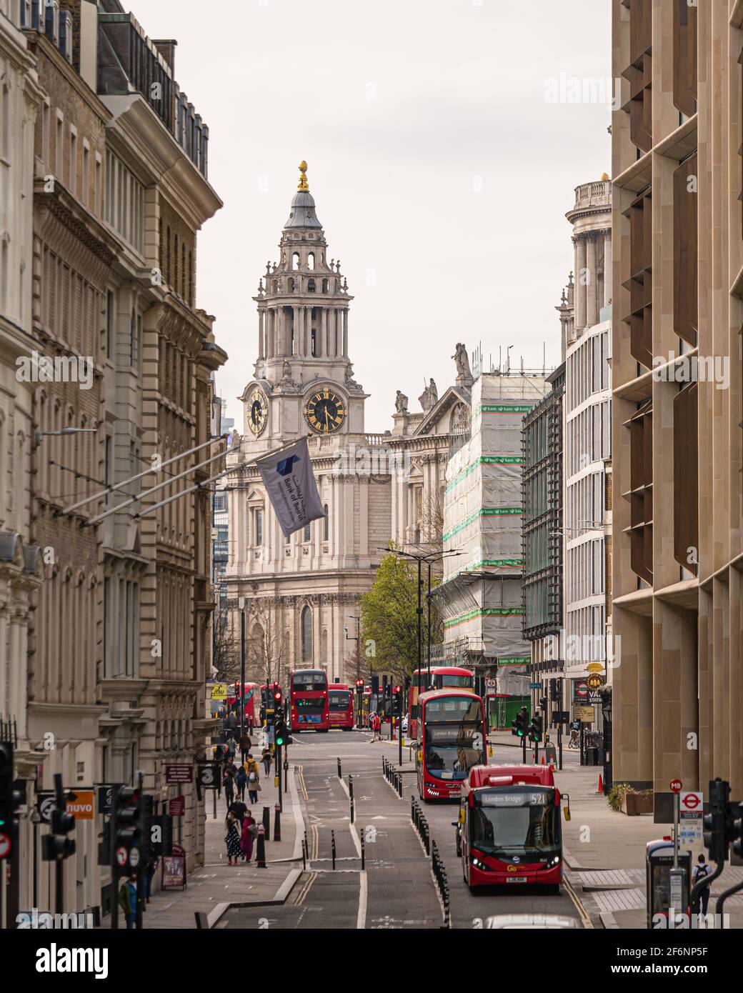 Looking down Cannon Street towards St Pauls Cathedral, London, UK Stock Photo