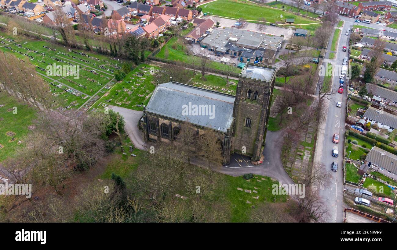 Aerial drone photo of a historical church in the British town of
