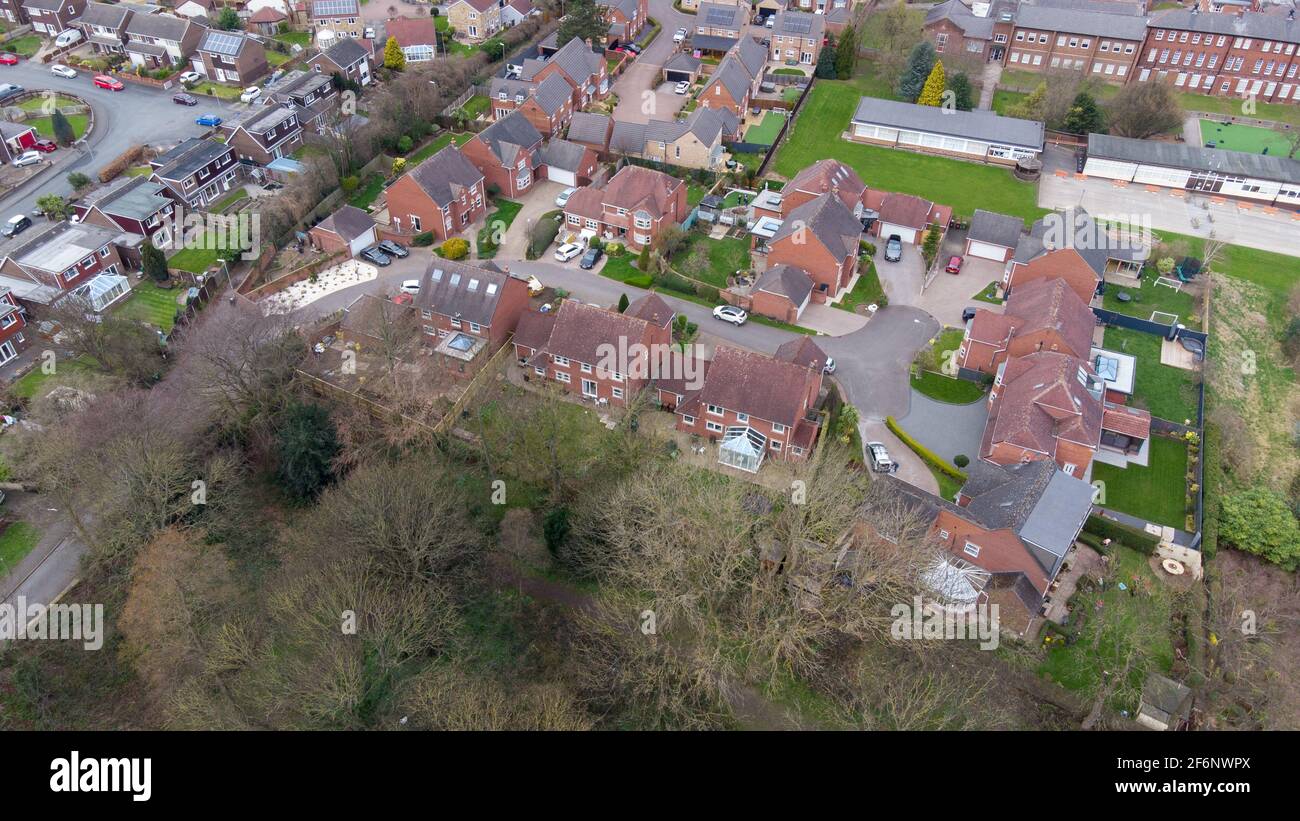 Aerial photo of a typical residential housing estate in the UK, taken
