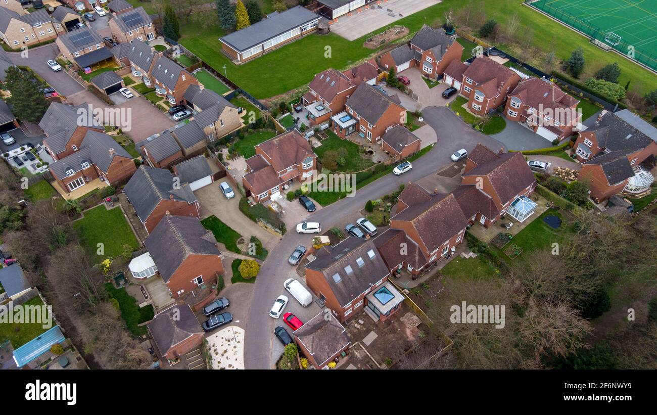 Aerial photo of a typical residential housing estate in the UK, taken