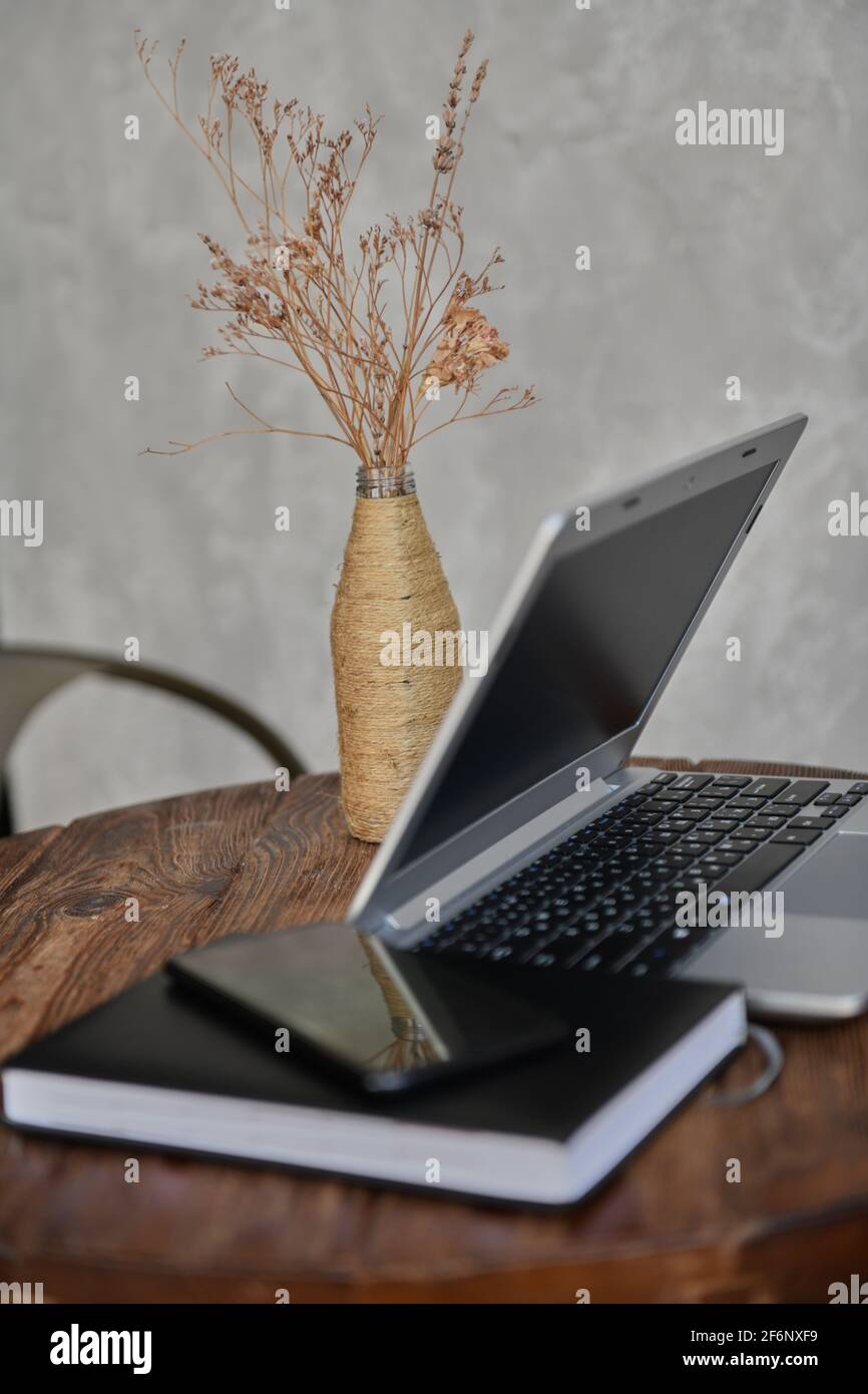 phone notebook computer lie on the table Stock Photo