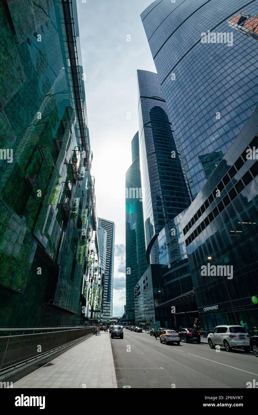 Moscow, Russia - July 12, 2020: City walk between skyscrapers in Moscow-City. Stock Photo