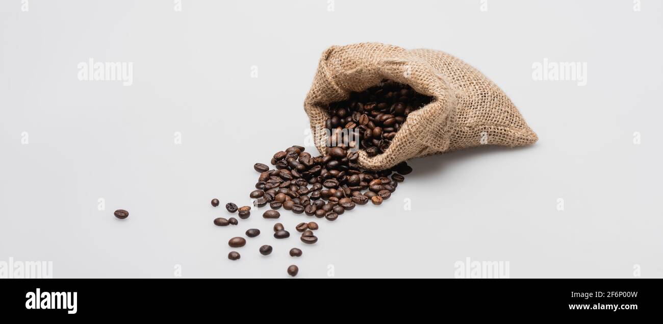hessian sack bag with roasted coffee beans on white, banner Stock Photo ...