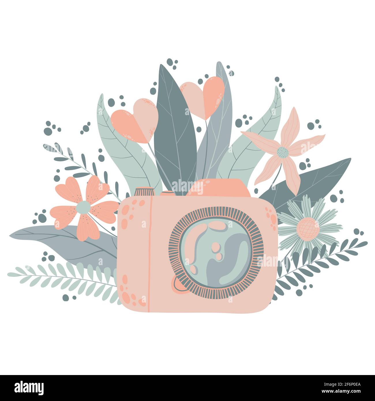 Cute colorful dslr photo camera with fllowers in flat cartoon style. Vector hand drawn camera with floral illustration with pastels colors. Isolated o Stock Vector