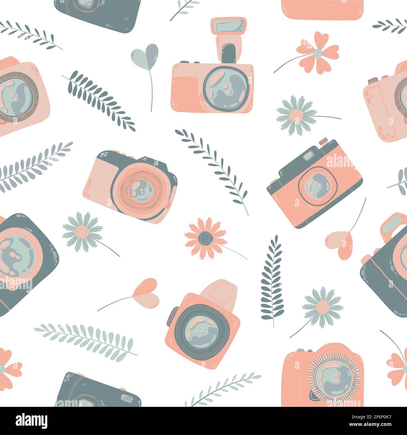 Cute seamless pattern with photo camera in cartoons style. Background