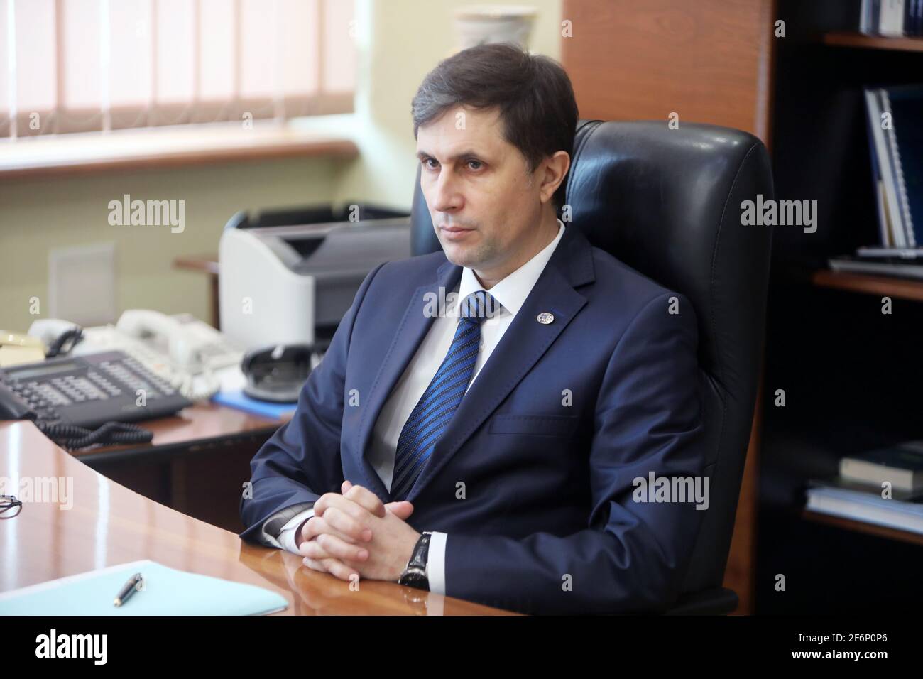 KYIV, UKRAINE - APRIL 2, 2021 - Head of the State Space Agency of Ukraine Volodymyr Taftay is pictured during an interview given to a correspondent of Stock Photo