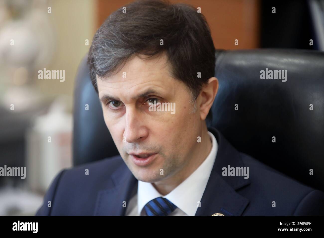 KYIV, UKRAINE - APRIL 2, 2021 - Head of the State Space Agency of Ukraine Volodymyr Taftay is pictured during an interview given to a correspondent of Stock Photo
