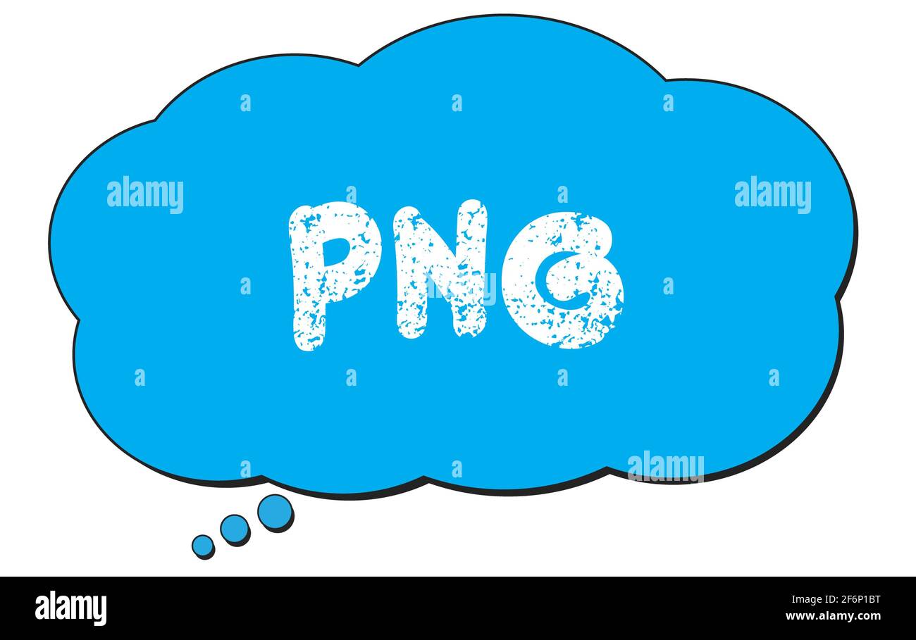 PNG text written on a blue thought cloud bubble. Stock Photo