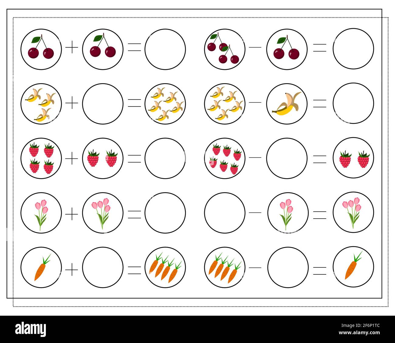 A math game for kids. Solve the examples, count the items. Raspberries ...