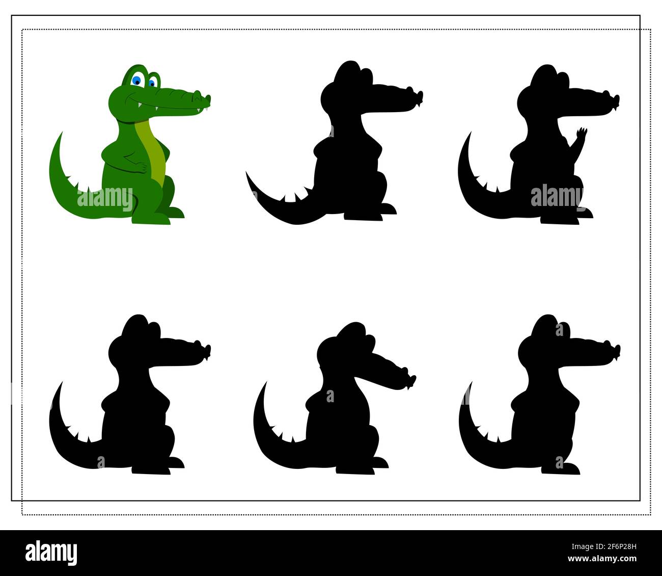 a puzzle game for preschool children. find the right shadow. Crocodile cartoon. Silhouette. Vector illustration isolated on a white background Stock Vector