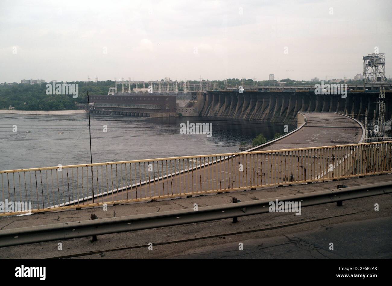Downstream view of Dnieper Hydroelectric Station and dam, River Dnieper, Zaporozhye, Ukraine. Stock Photo