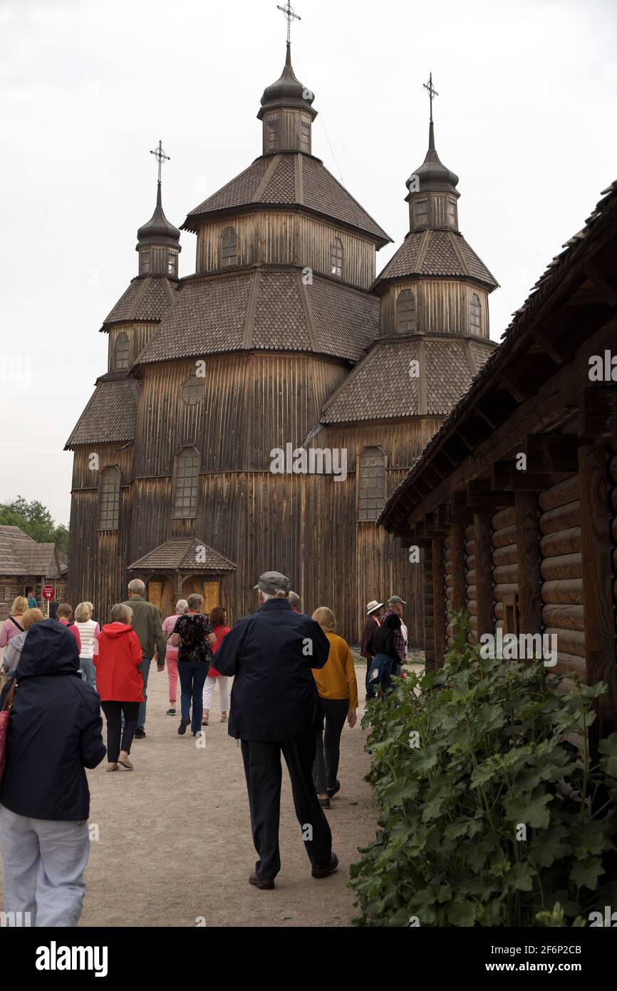 Wooden church, Cossack Museum, Khortitsa Island, River Dnieper, Zaporozhye, Ukraine. Stock Photo