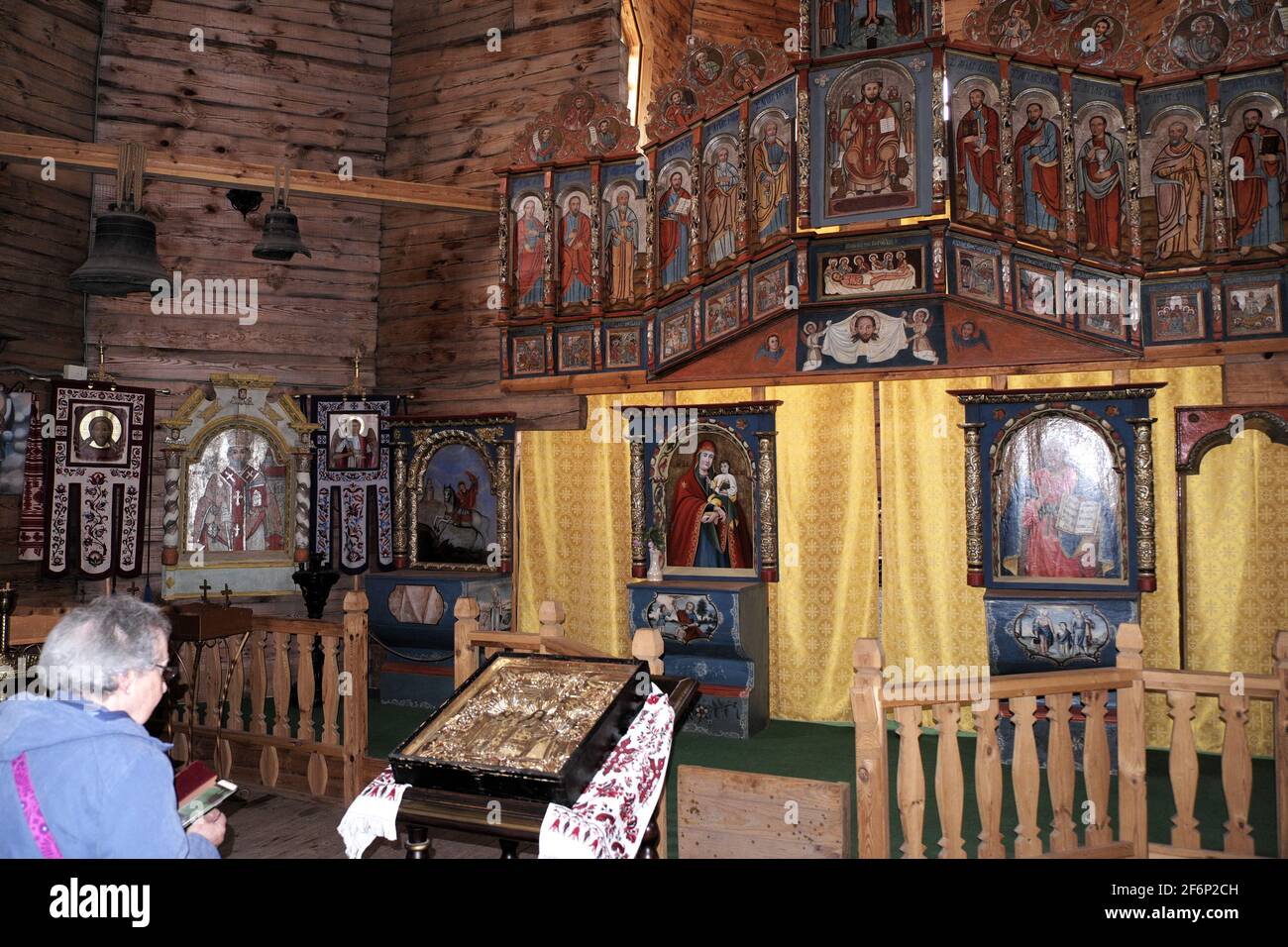 Painted panels in wooden church, Cossack Museum, Khortitsa Island, River Dnieper, Zaporozhye, Ukraine. Stock Photo