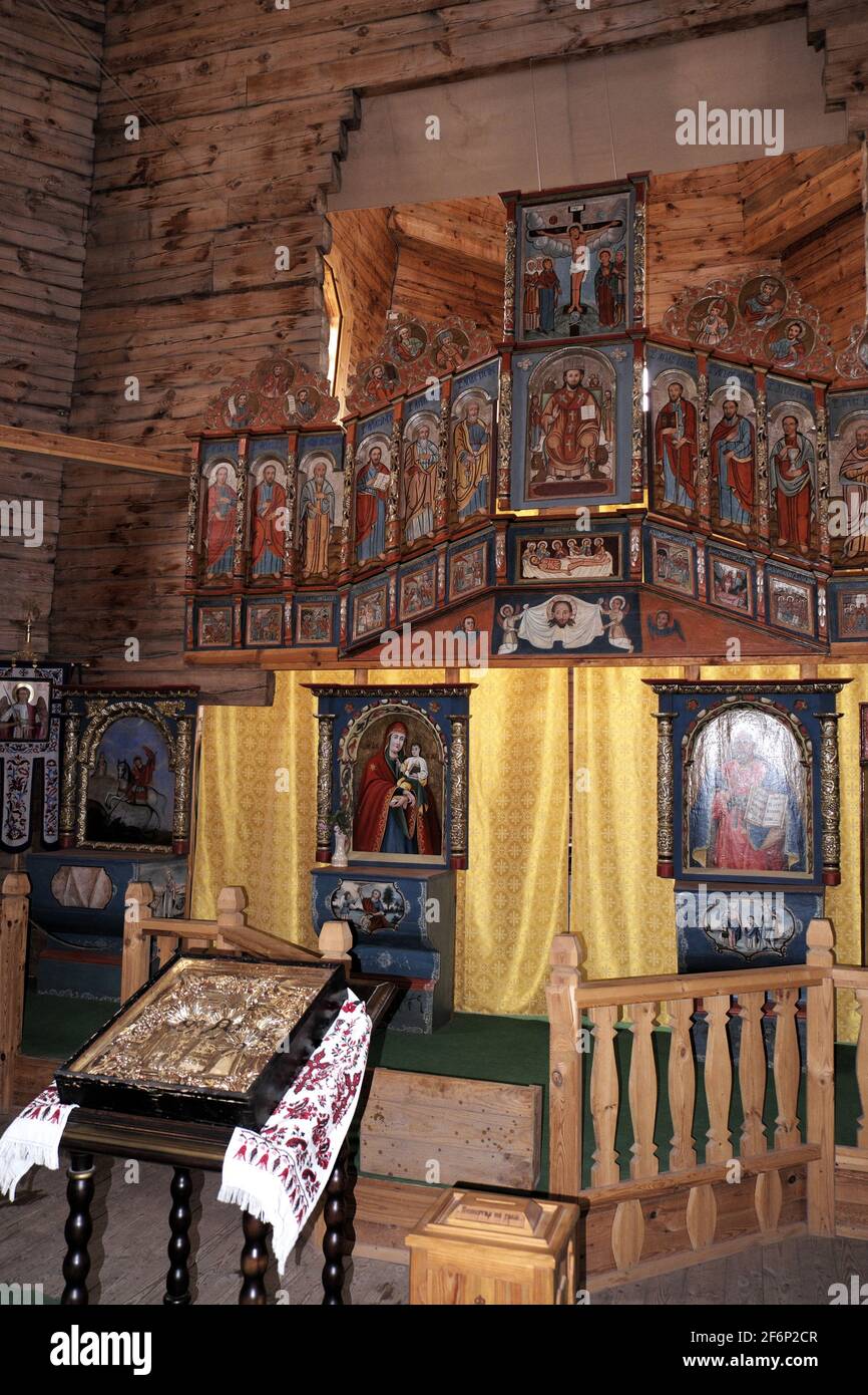 Painted panels in wooden church, Cossack Museum, Khortitsa Island, River Dnieper, Zaporozhye, Ukraine. Stock Photo