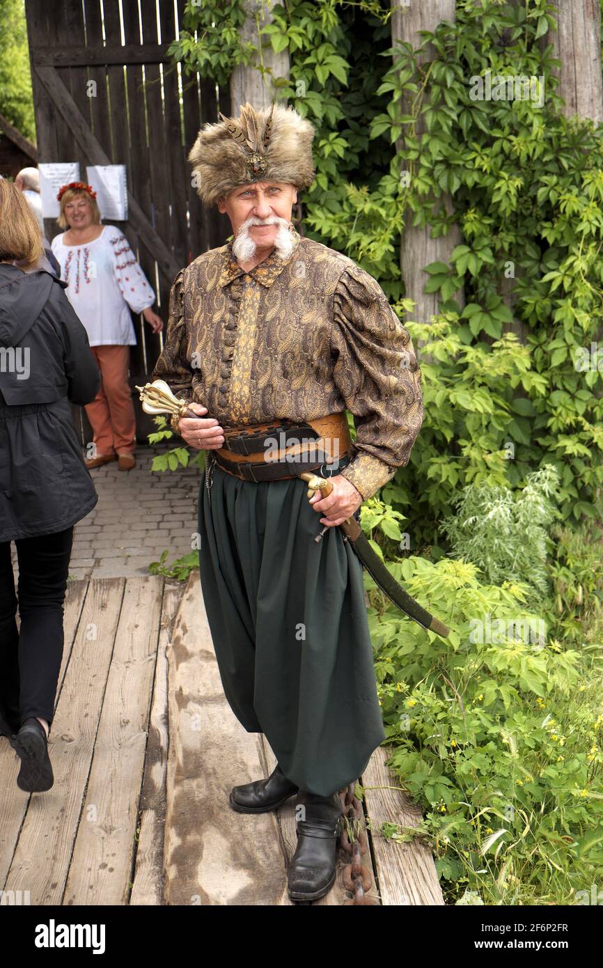 Man in full Cossack clothing, Cossack Museum, Khortitsa Island, River Dnieper, Zaporozhye, Ukraine. Stock Photo