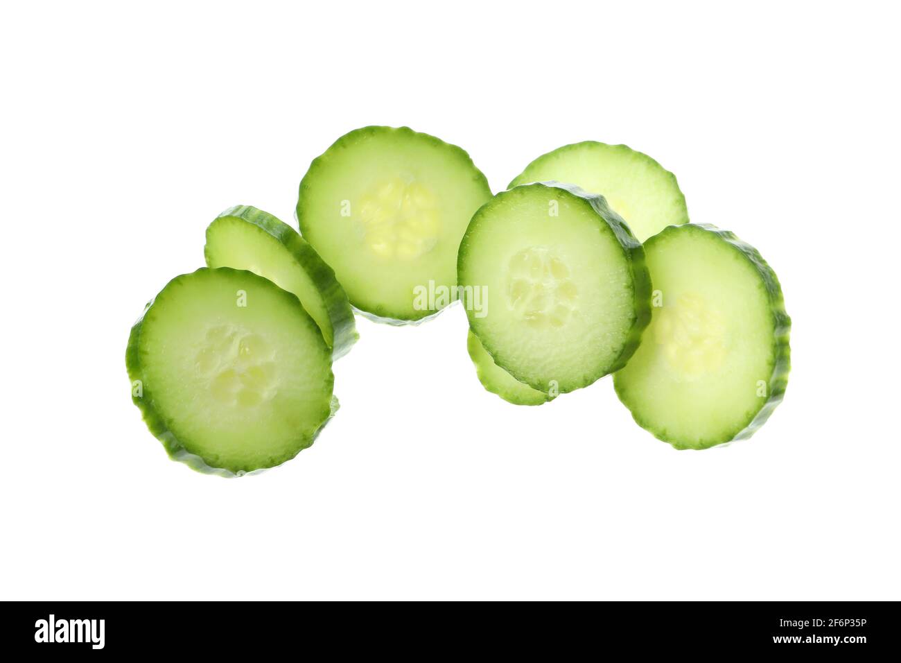 Ripe cucumber slices isolated on white background Stock Photo