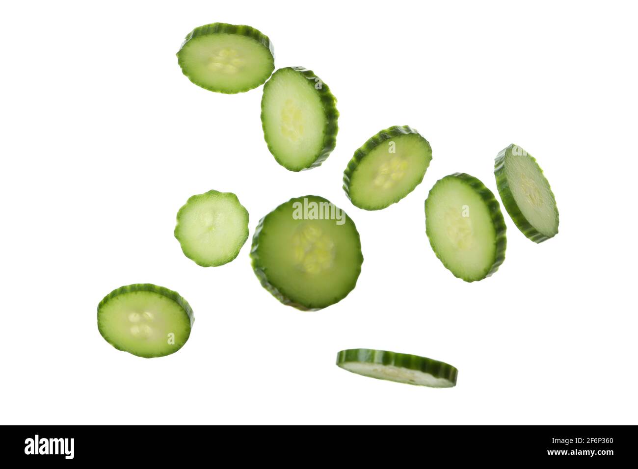 Ripe cucumber slices isolated on white background Stock Photo