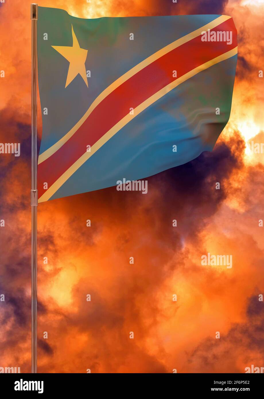 Democratic Republic of the Congo flag with sky background. Waving ...
