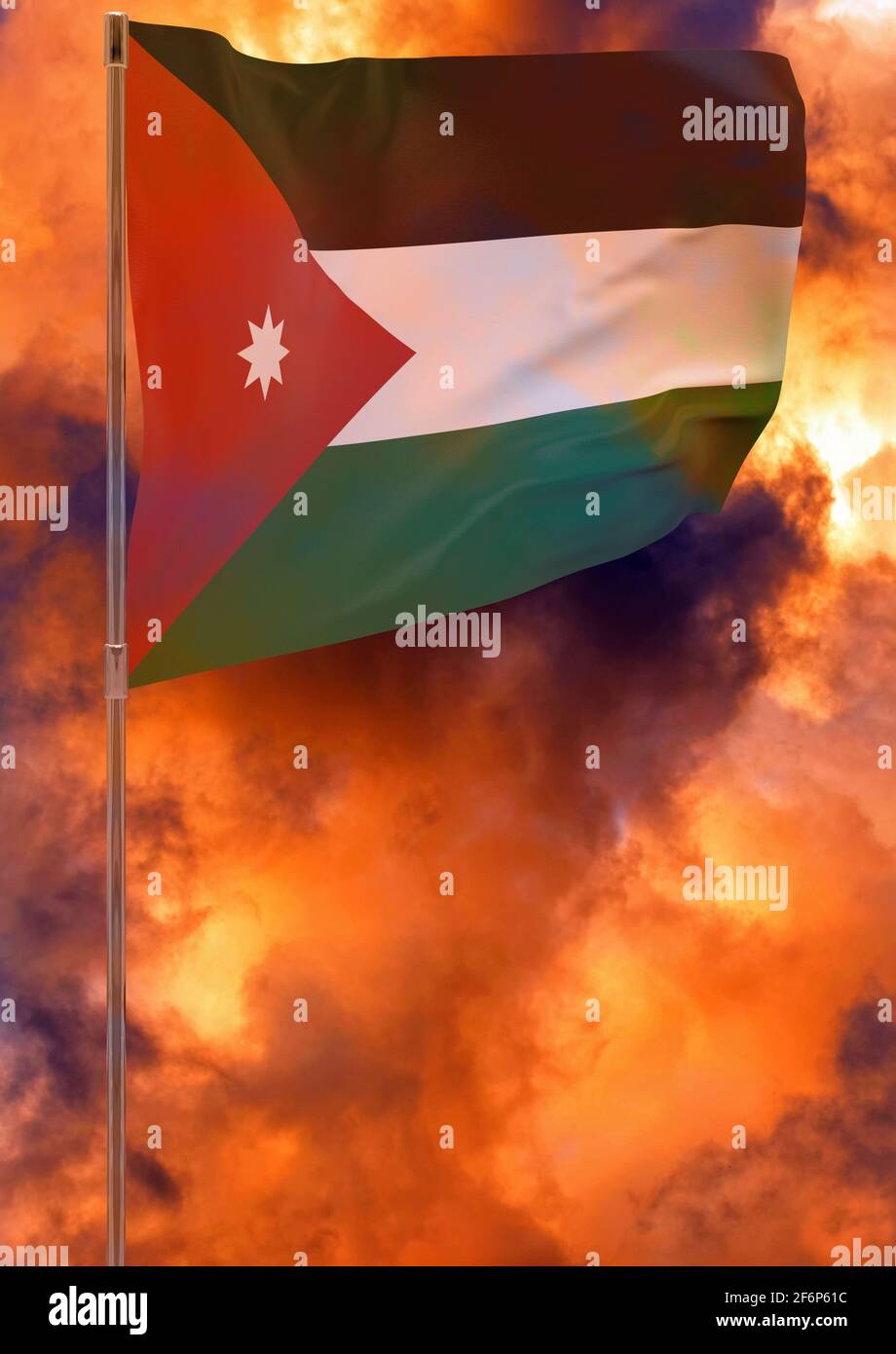 Jordan flag with sky background. Waving banner. National flag of Jordan