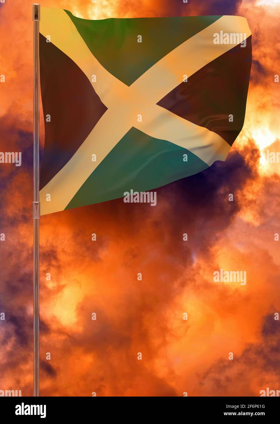 Jamaica flag with sky background. Waving banner. National flag of