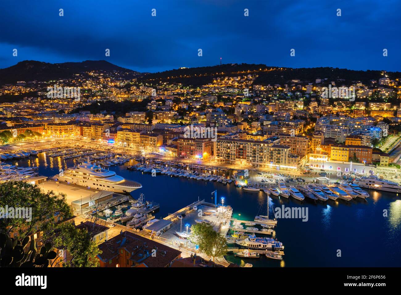 View of Old Port of Nice with yachts, France in the evening Stock Photo