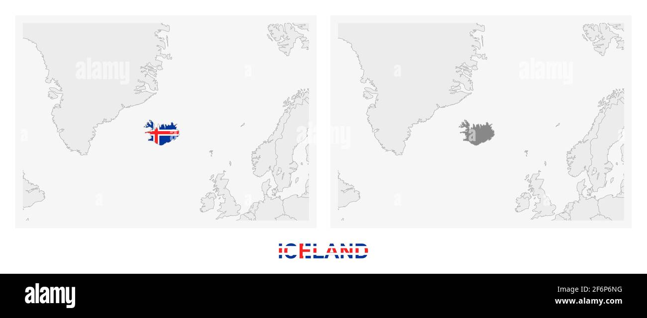 Two versions of the map of Iceland, with the flag of Iceland and highlighted in dark grey. Vector map. Stock Vector