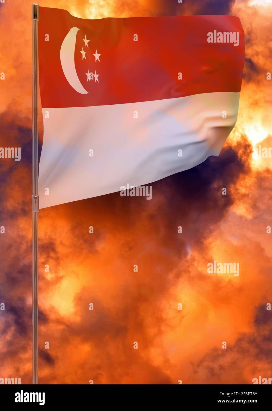 Singapore flag with sky background. Waving banner. National flag of